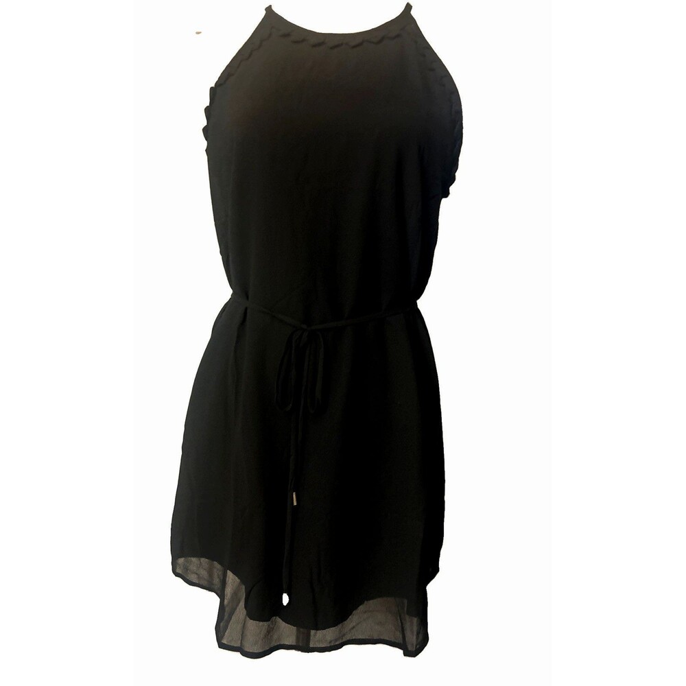 Naked Zebra Black Halter Chiffon Scallop Back Key Hole Tie Waist Mini Dress M